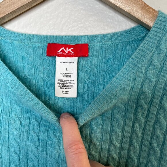 Anne Klein Sport Vintage Womens Cable Knit Cashmere Sweater Turquoise Blue Large - Picture 4 of 11